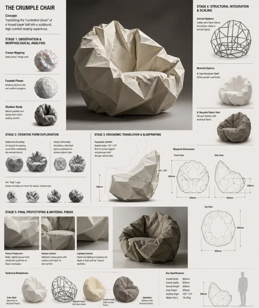 Crumple Chair 概念沙发研发板 - 商品与电商提示词案例