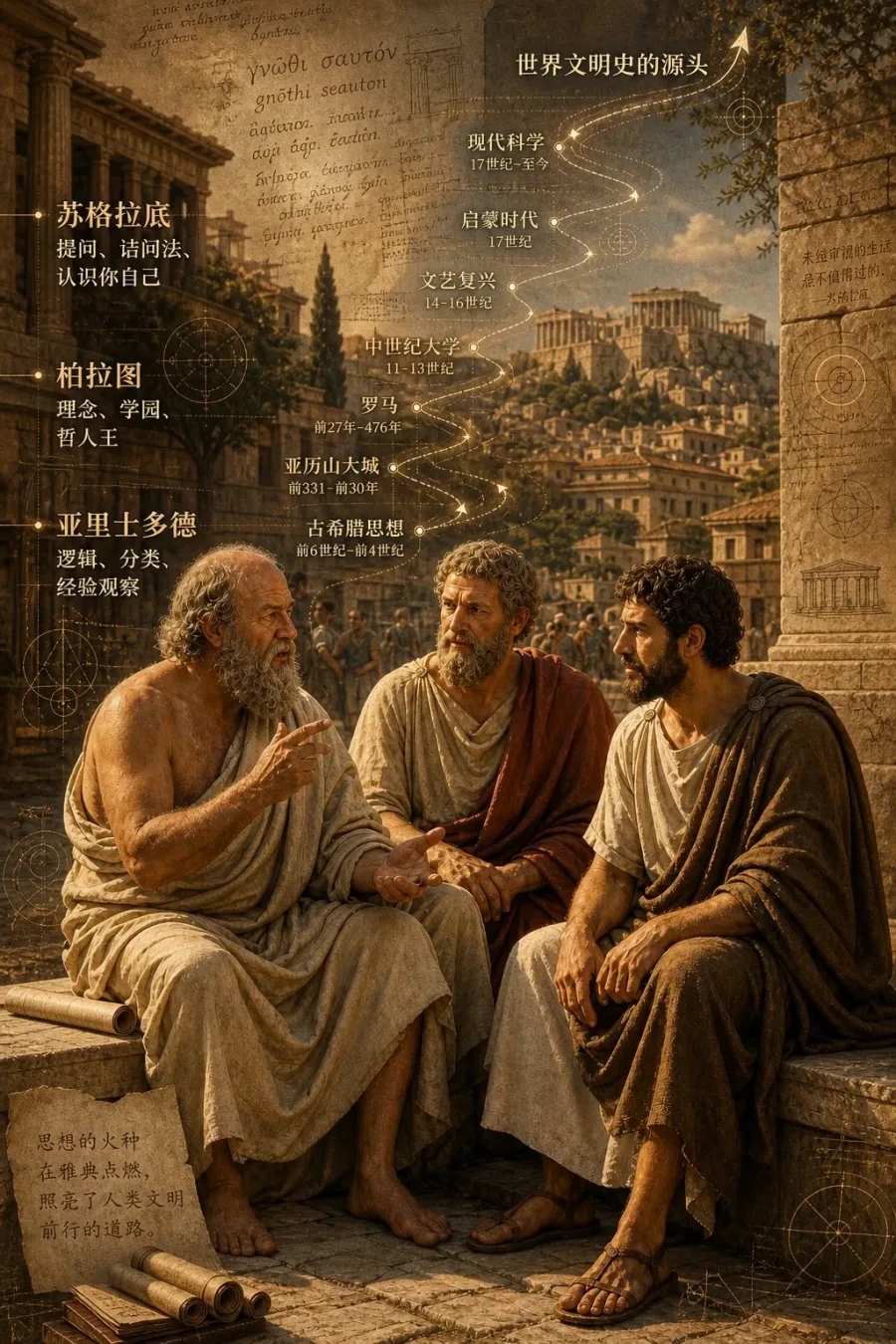 古希腊三哲时间轴城市图 - 图表与信息可视化提示词案例