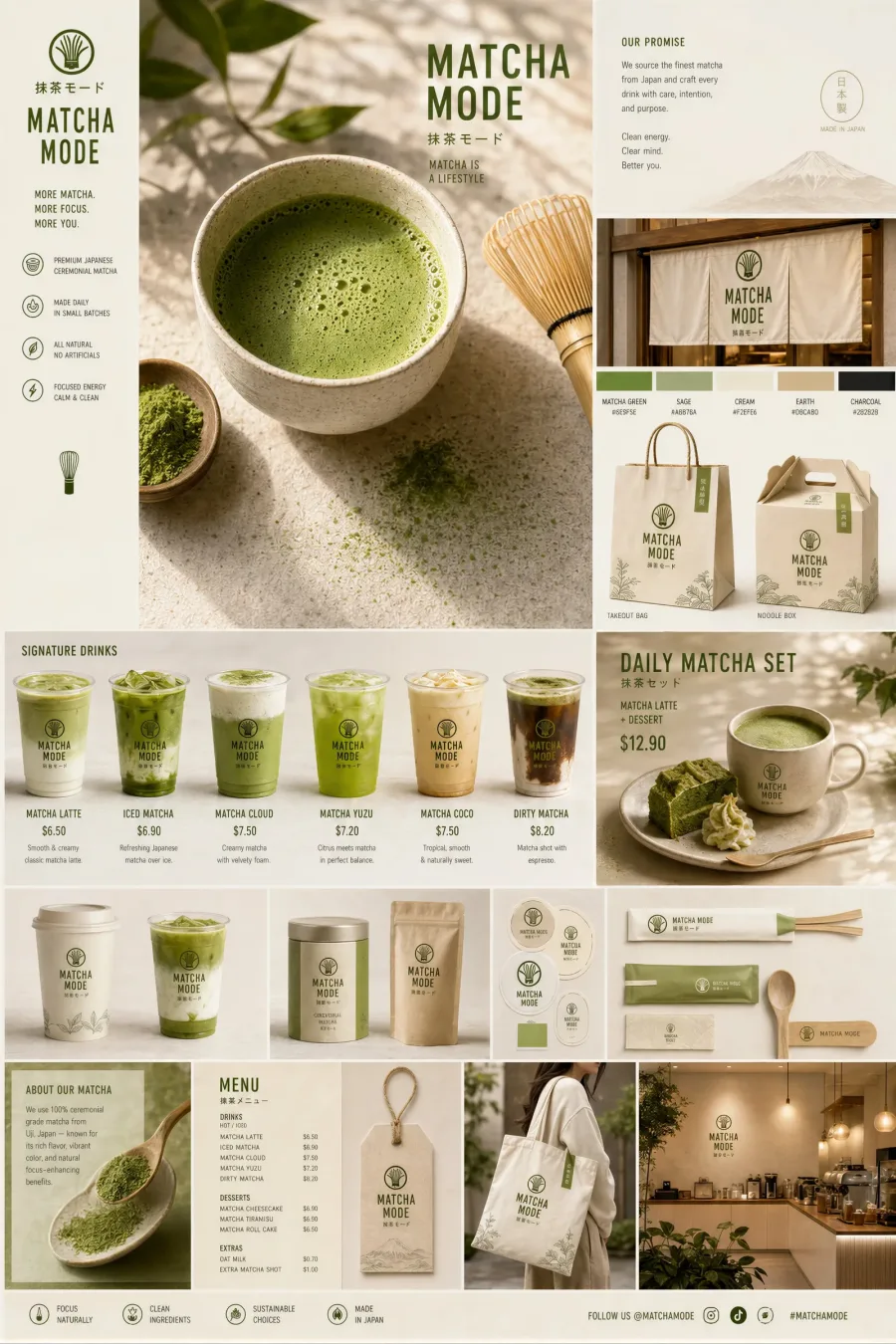 抹茶品牌触点系统视觉板 - 品牌与标志提示词案例