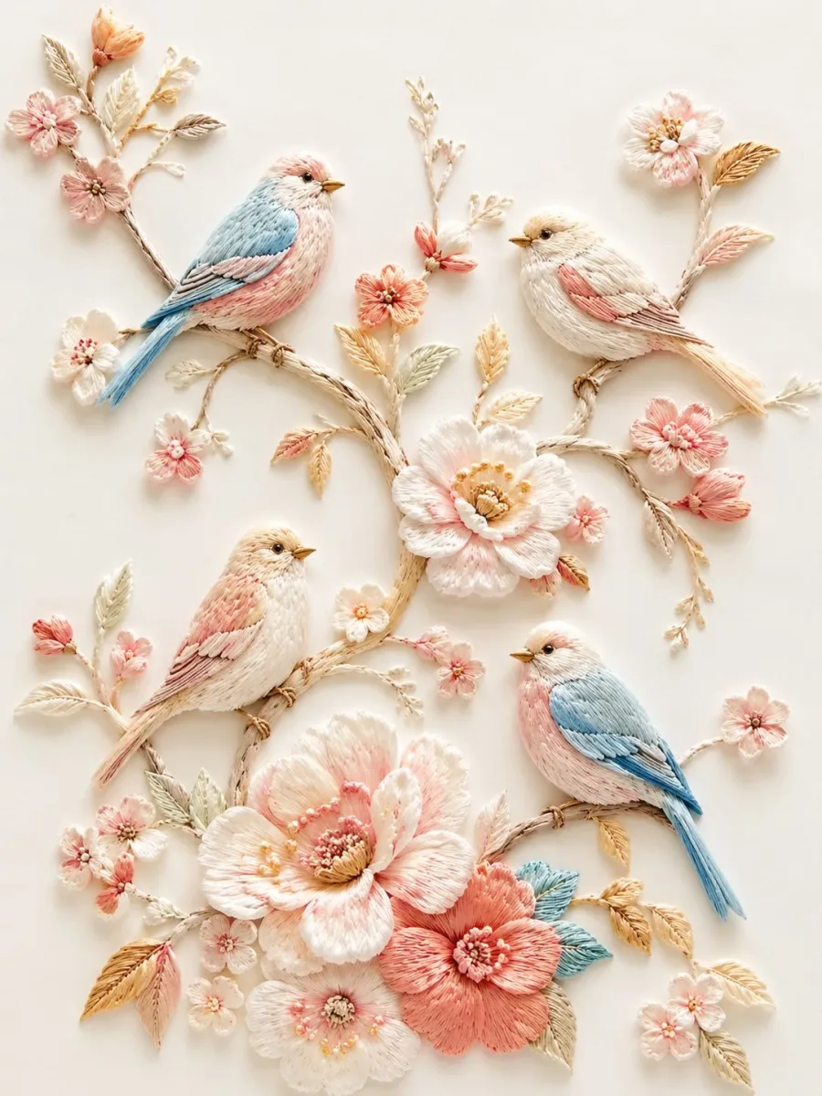 立体刺绣小鸟花枝 - 插画与艺术提示词案例