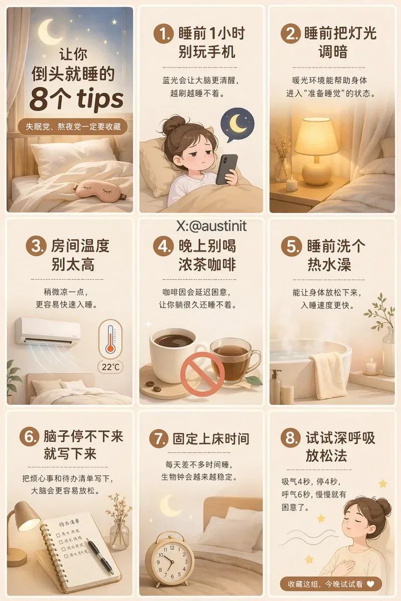 治愈系助眠指南九宫格 - 海报与排版提示词案例
